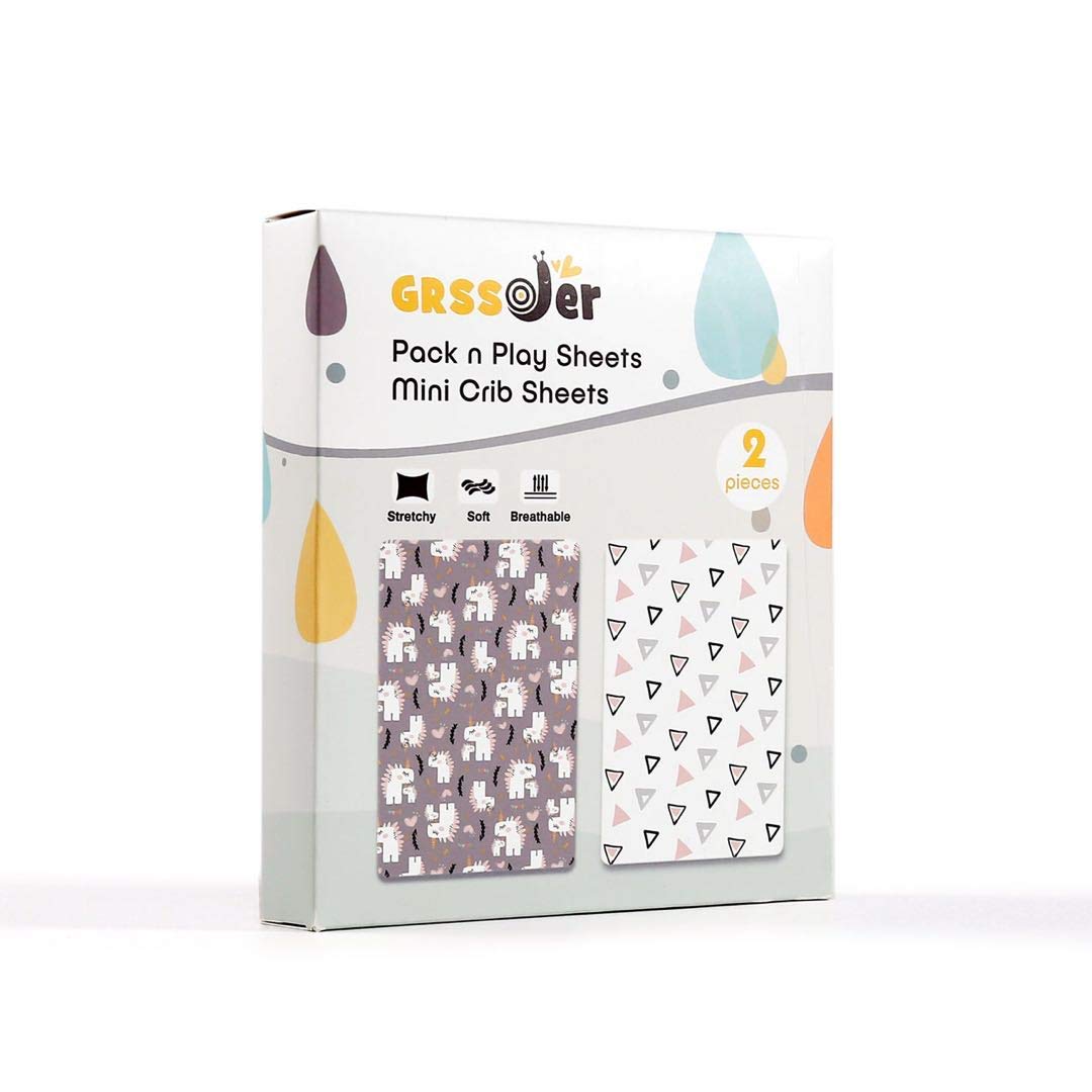 Stretchy Ultra Soft Jersey Knit Fitted Pack n Play Playard Sheets Set 2 Pack, Fits Portable/Mini Cribs Sheets, Playards Mattress Pads, Pink Simple Triangle/Dream Unicorn for Girls