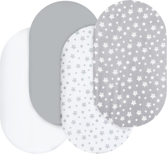 Bassinet Sheets Set 4 Pack for Baby Boy or Girl, Universal Fit for Oval, Hourglass and Rectangular Mattress, Grey