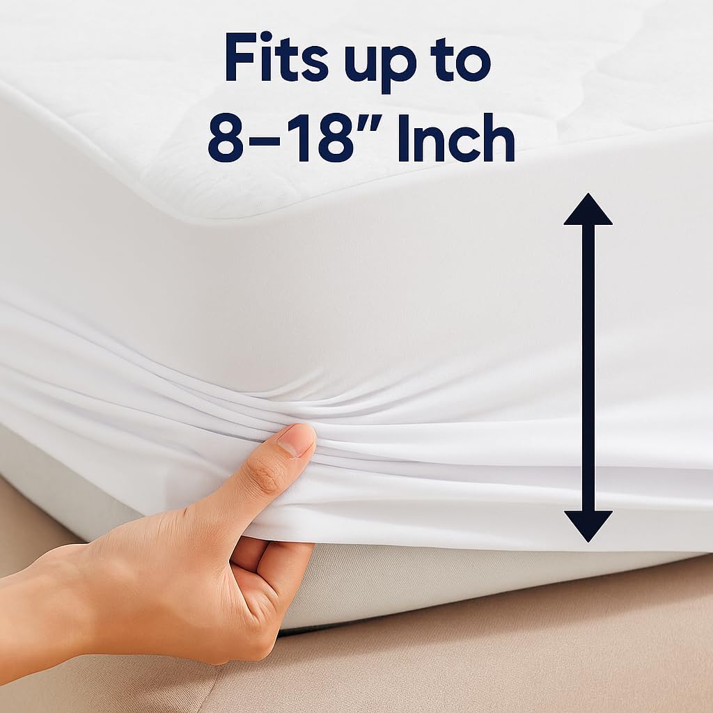 Waterproof Mattress Protector – Queen – Soft & Noiseless Terry Cotton Cover – Cooling, Breathable – Deep Pocket with 360° Elastic – Machine Washable – Kids, Pets & Light Sleepers