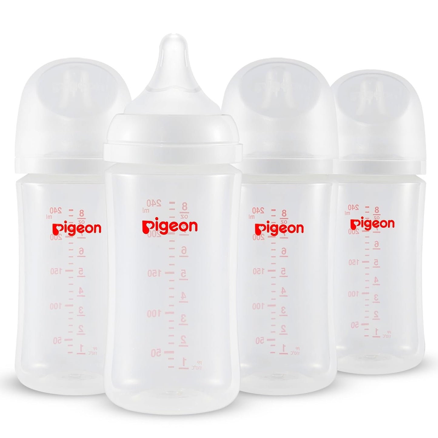 Pigeon PP Nursing Bottle Wide Neck, Anti-Colic, Streamlined Body, Natural Feel, Easy to Clean, 8.1 Oz(Pack of 4), Includes 4pcs M Nipples (3m+)