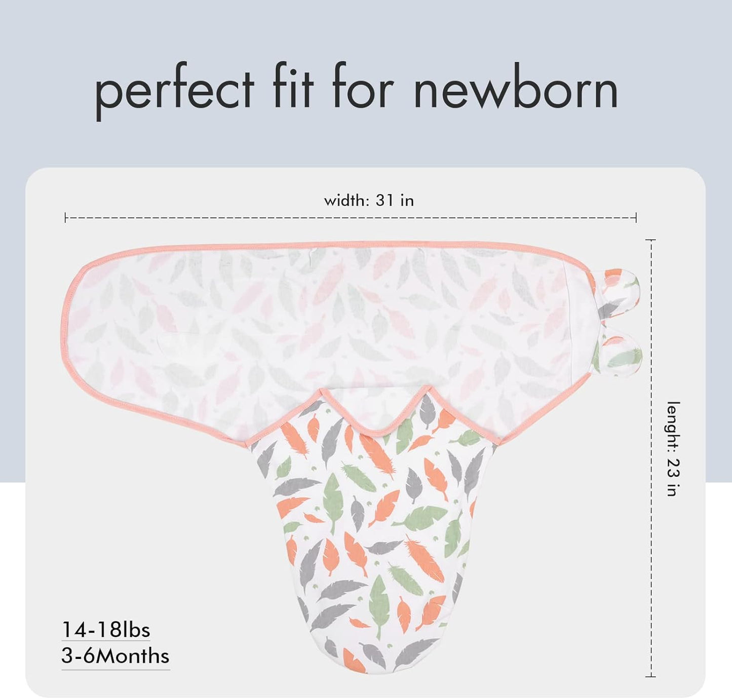 GLLQUEN BABY Swaddle Blankets for Baby Girls, 3-6 Months, Orange Pink Feather & Wave Point, 3 Pack Wrap Set, Newborn Adjustable Swaddles Sleep Sack, (Medium/Large)