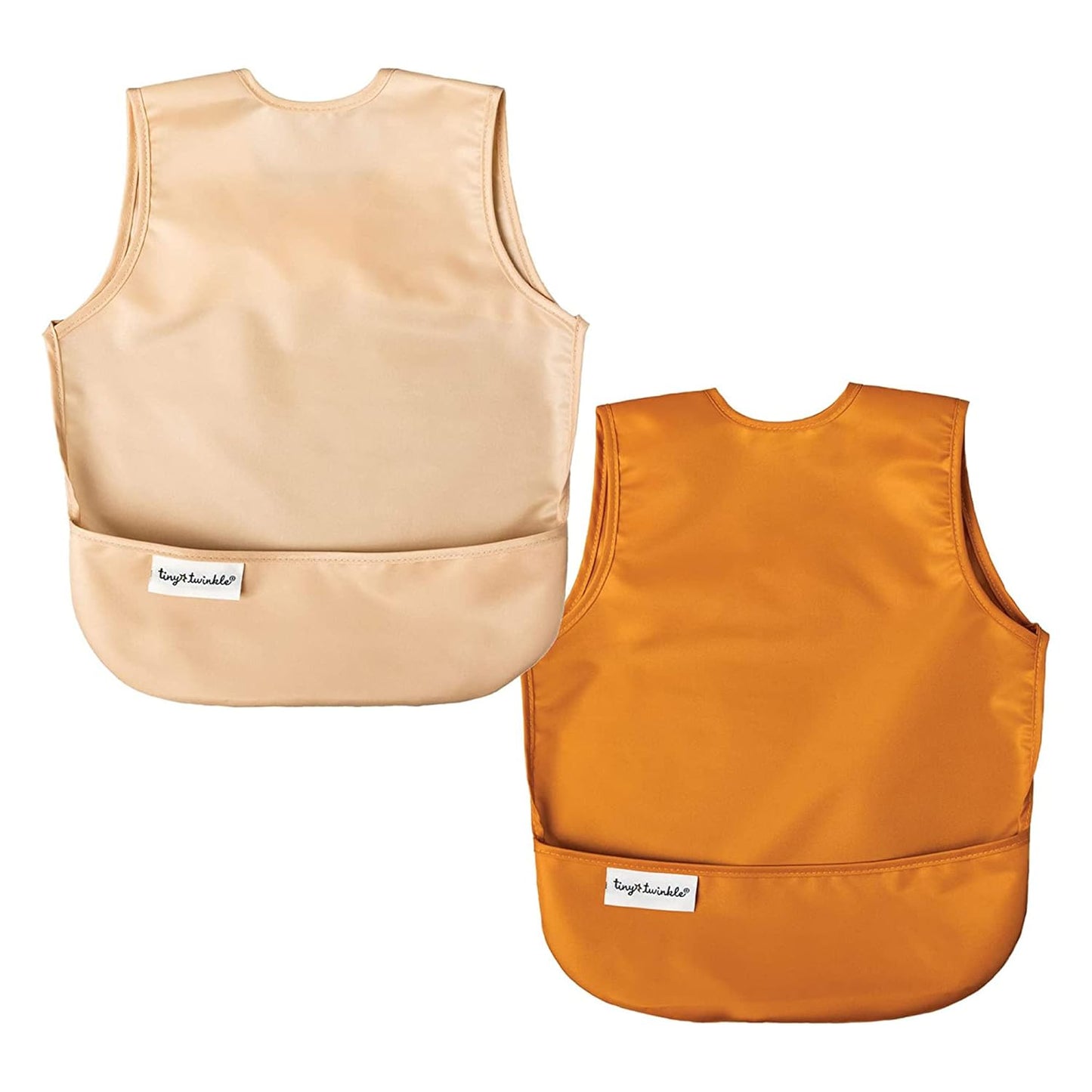 Tiny Twinkle Mess Proof Apron Bibs - 2 Pack Waterproof & Lightweight Baby Bibs for Led Weaning | 100% Recycled Polyester, Easy Clean & Machine Washable (Sand Cinnamon,Small 6-24 Months)