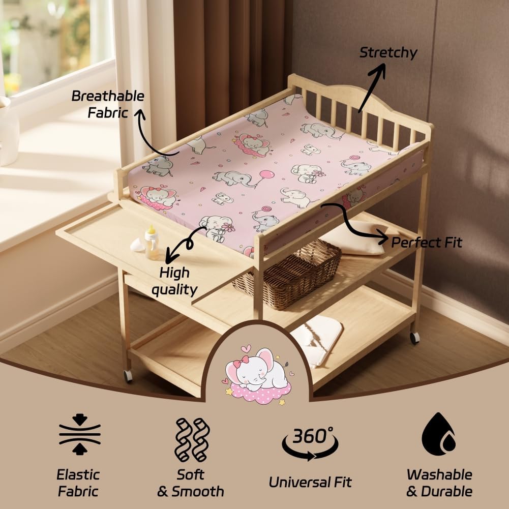 4 Pack Baby Girl Changing Pad Covers Sheets Set Soft Fitted Floral or Elephant Theme Baby Girl Mattress Covers Breathable Toddler Bed Sheets for Infant or Newborn Girls (Elephant, Changing Pad Covers)
