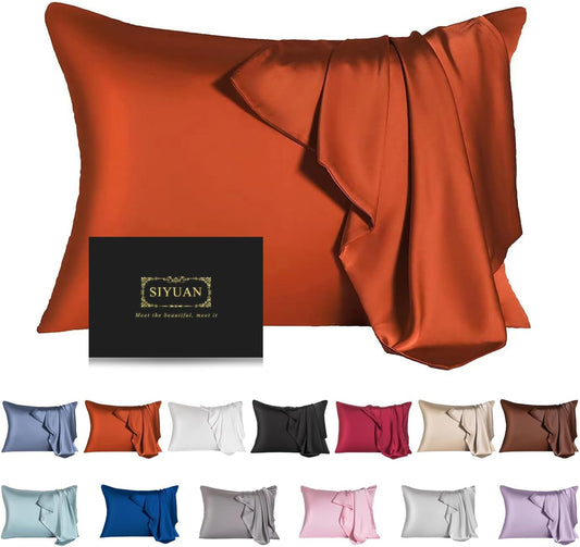 Mulberry Silk Pillowcase for Hair and Skin,Queen Size Cooling Silk Pillow Case with Hidden Zipper,Allergen Proof Dual Sides Soft Breathable Smooth Silk Pillow Cover for Women(Queen,Orange)
