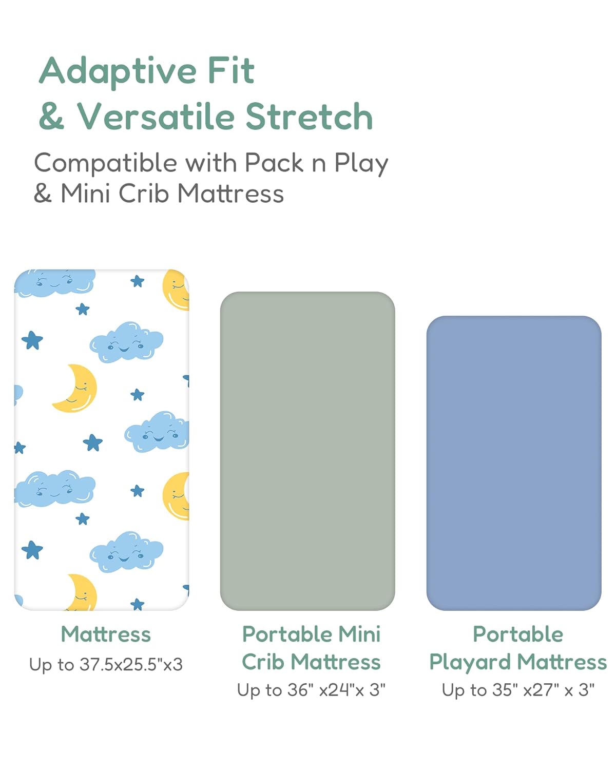 Pack and Play Sheets Fitted, Cloud+Blue Design, Soft and Safe, Hypoallergenic, 2 Pack for Mini Crib and Pack N Play