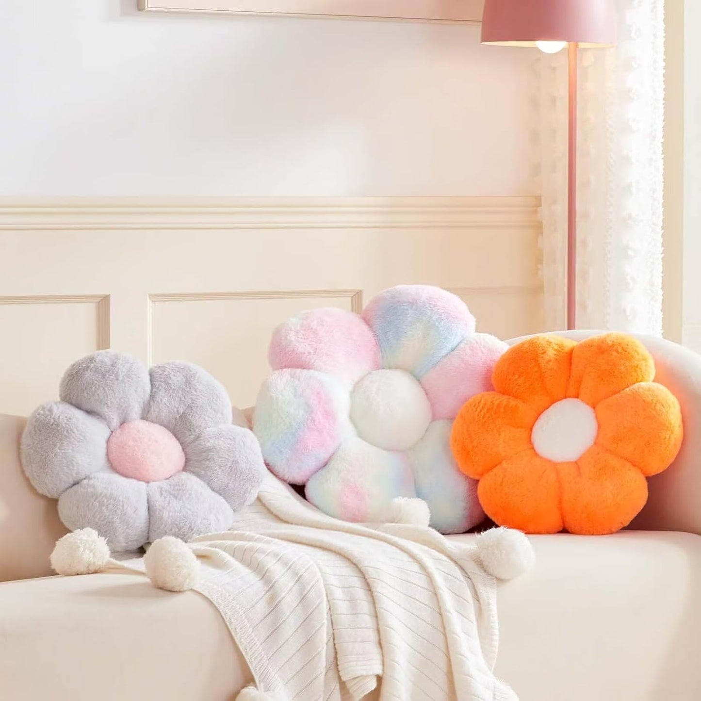 Rainbow Pink Flower Pillow, Cute Decorative Flower Shaped Throw Pillow with Faux Rabbit Fur, 19.6" Soft Flower Plush Throw Pillow Floor Pillows Room Décor for Bedroom Living Room