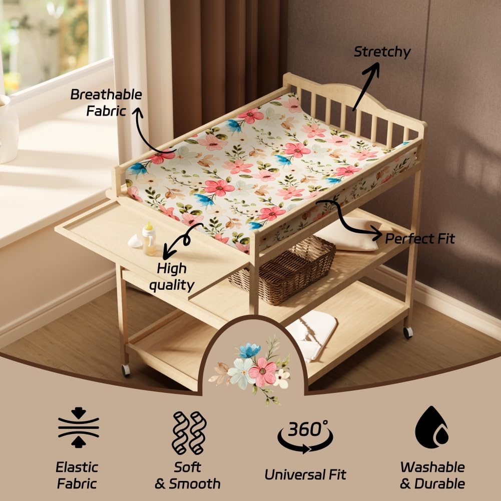 4 Pack Baby Girl Changing Pad Covers Sheets Set Soft Fitted Floral or Elephant Theme Baby Girl Mattress Covers Breathable Toddler Bed Sheets for Infant or Newborn Girls (Flower, Changing Pad Covers)