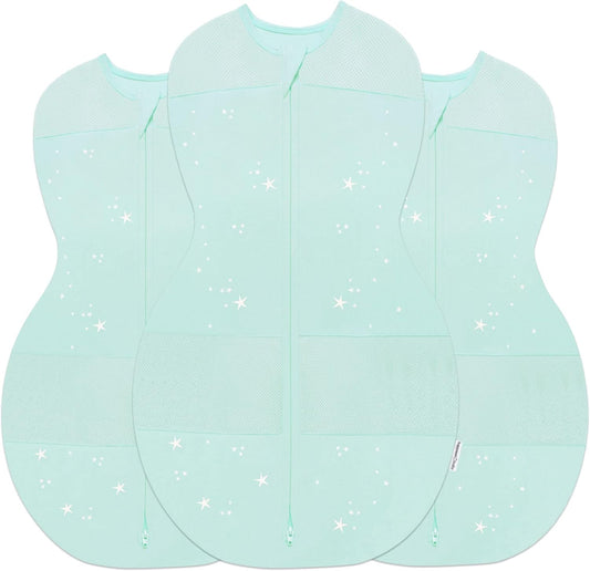 Happiest Baby Sleepea 5-Second Swaddle - 100% Organic Cotton Baby Swaddle Blanket - Doctor Designed Promotes Healthy Hip Development - 3-Pack Bundle (Teal Stars, S, M, L)