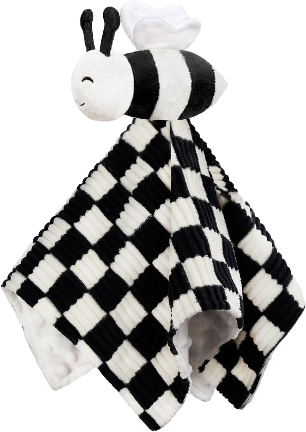 High Contrast Baby Security Blanket for Boys Girls 3D Soft Checkerboard Gingham with Minky Dot Fabric Backing Bee Snuggle Stuffed Animal Lovely Black 14 Inch