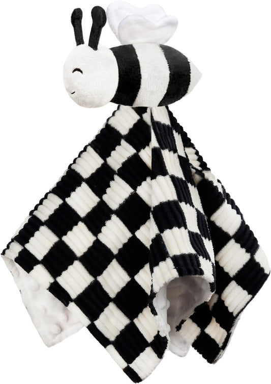 High Contrast Baby Security Blanket for Boys Girls 3D Soft Checkerboard Gingham with Minky Dot Fabric Backing Bee Snuggle Stuffed Animal Lovely Black 14 Inch