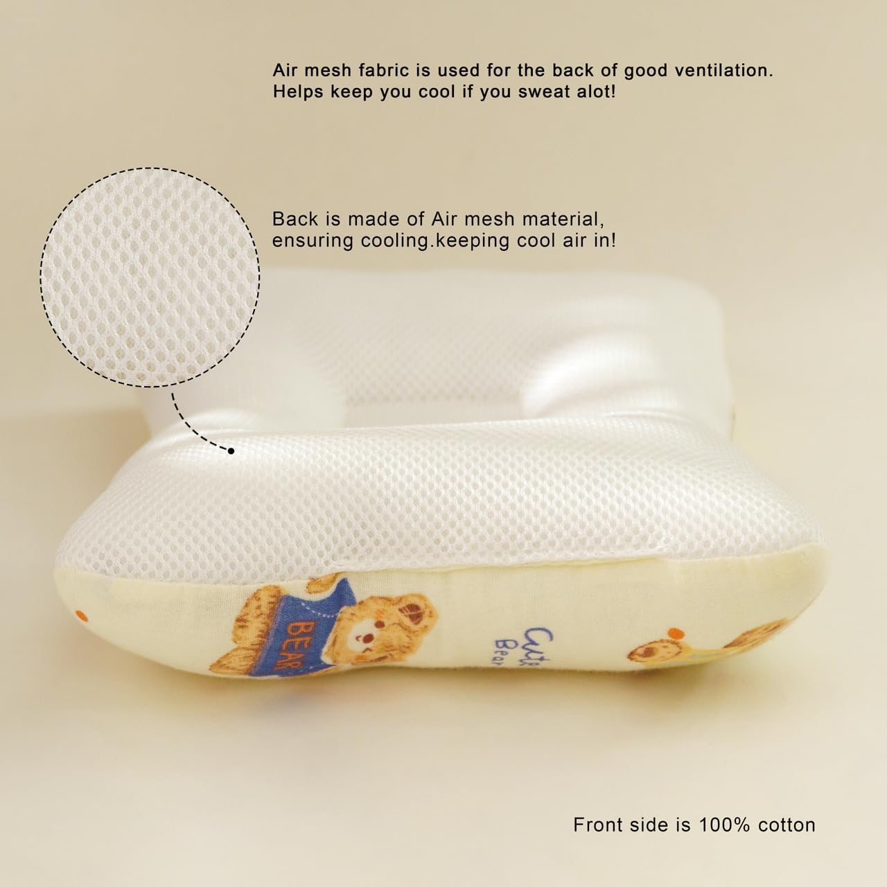 Unisex Pillow 13x9x2, Hypoallergenic Airmesh Breathable Cool 100% Cotton, Control Sweat, Ideal for Travel, Small, Car, Travel, MultiFunctual Small Decor Pillows (Teddy Design)