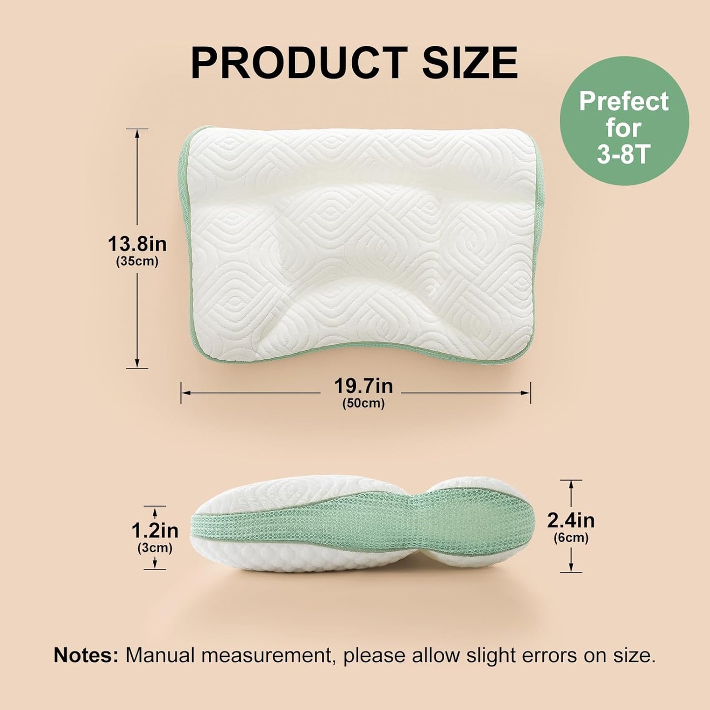 Reidio 1Pc Toddler Pillows with Removable Cotton Pillowcase Ergonomic Design Toddler Pillows for Sleeping Toddler Neck Pillow Kids Pillows Machine Washable 14x20in (Blue Green)