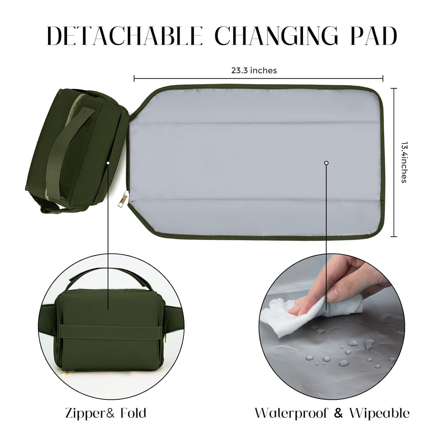 printe Small Diaper Bag with Portable Changing Pad, Crossbody Diaper Bag Pack with Wipes Pocket, Women Waist Bag for Travel (Olive Green, Large)