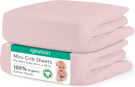 Newton Baby Mini Crib Fitted Sheets (2-Pack) | Organic Muslin Cotton, Ultra Breathable & Soft Baby Sheets, Machine Washable Baby Mattress Sheets, Fits Any Mini Sized Crib 24" x 38", Sunrise Pink