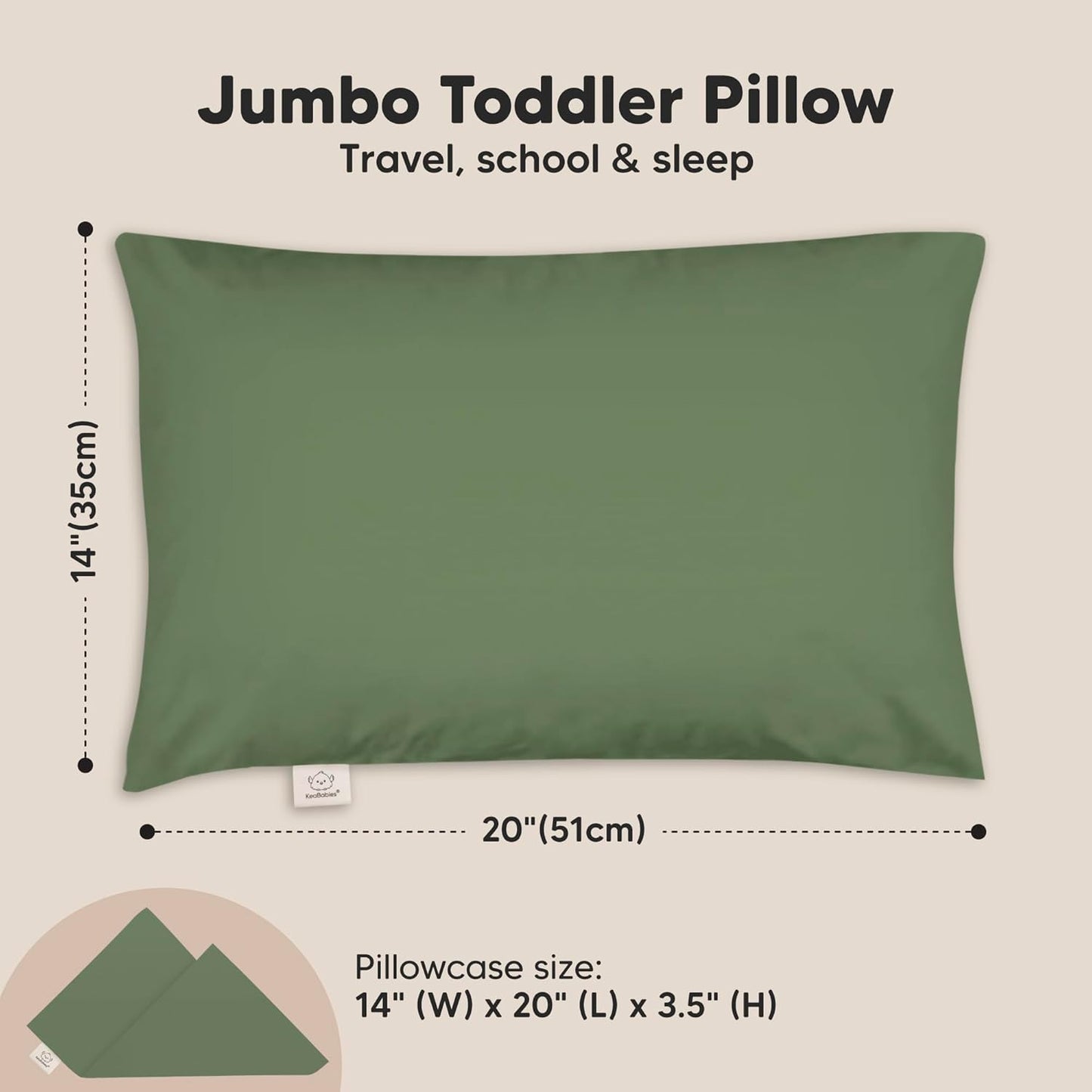 KeaBabies Toddler Pillow with Pillowcase, Jumbo 14X20 - Soft Organic Cotton Toddler Pillows for Sleeping - Machine Washable - Perfect for Travel, Toddler Bed Set (Jungle Green)