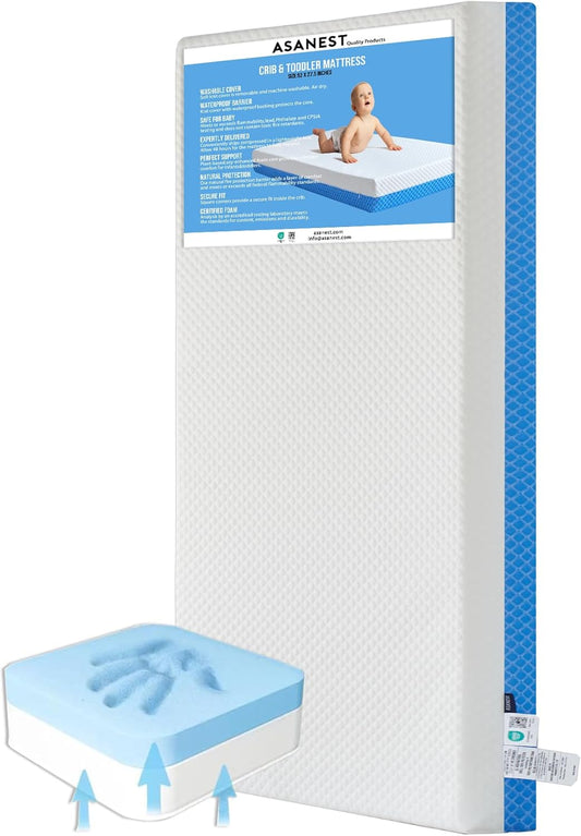 Dual Sided Comfort Gel Memory Foam,Breathable Baby Bed Mattress for Crib,Memory Foam Crib Mattress,Premium for Infant and Toddler w/Removable Outer Cover - White&Blue,Standard Size
