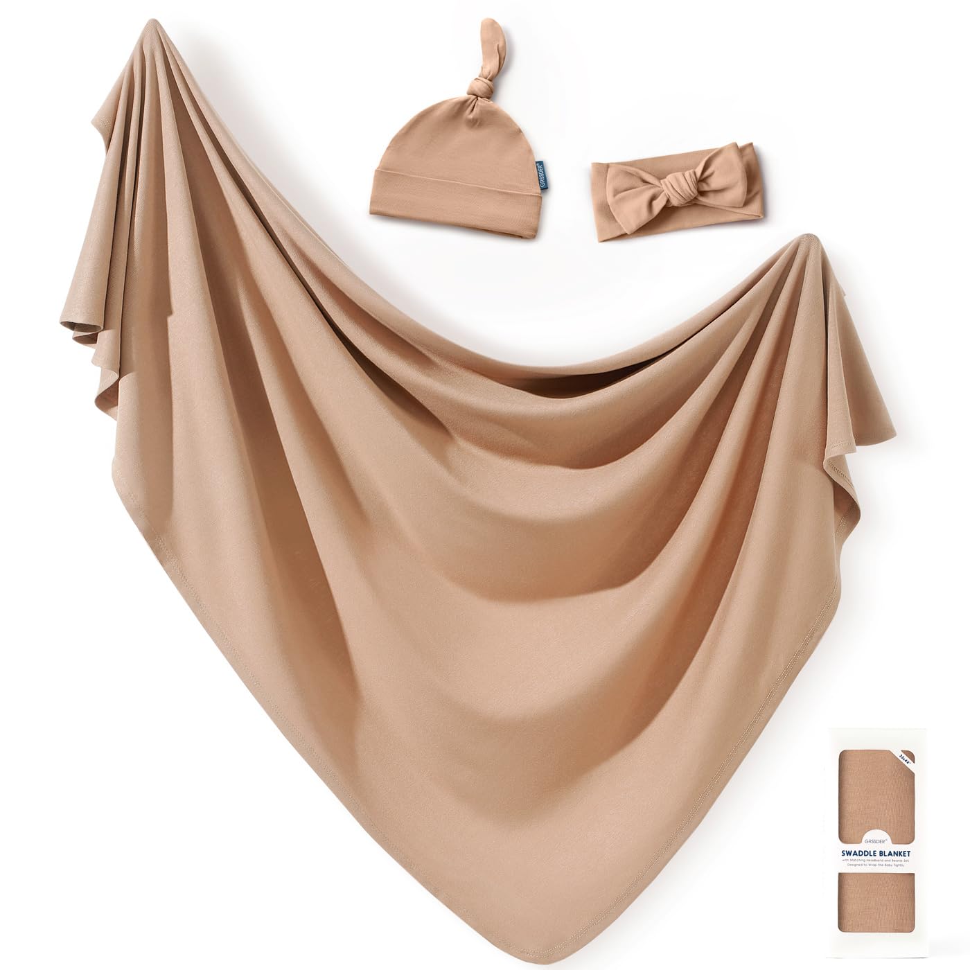 GRSSDER Newborn Swaddle Blanket, Ultra Soft Jersey Receiving Blanket with Matching Headband and Beanie Set 33×44", Stretchy Baby Neutral Swaddle Wrap for Girls and Boys