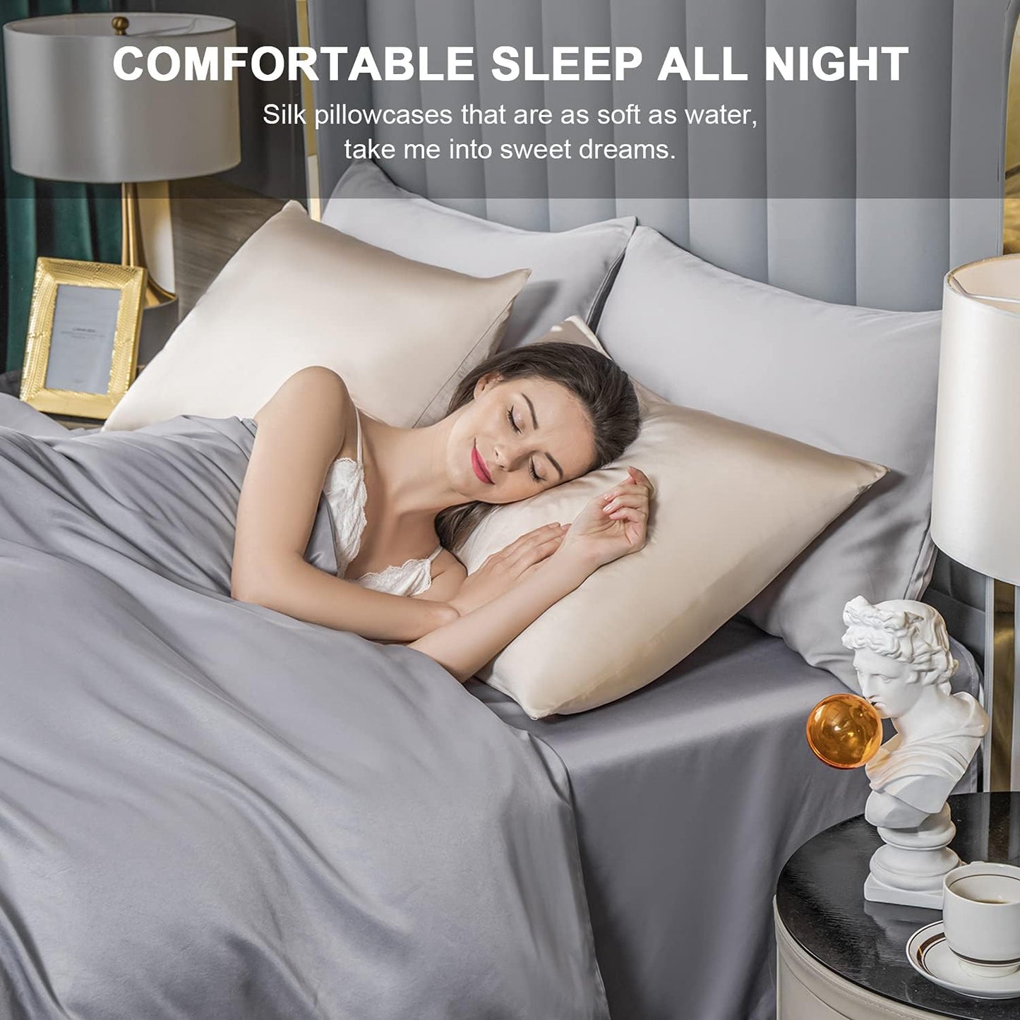 Mulberry Silk Pillowcase for Hair and Skin,Standard Size Cooling Silk Pillow Case with Hidden Zipper,Allergen Proof Dual Sides Soft Breathable Smooth Silk Pillow Cover for Women(Standard,Champagne)