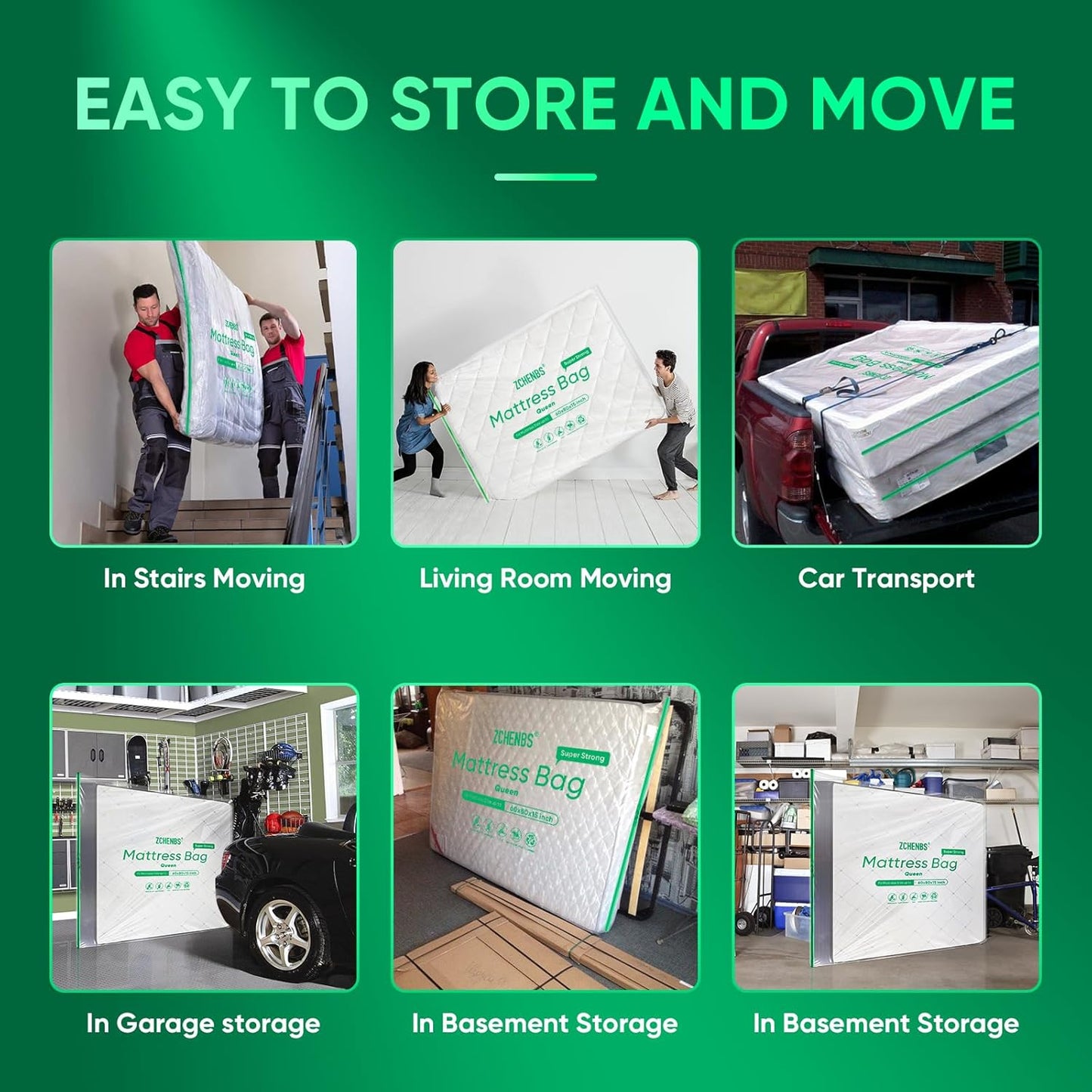 ZCHENBS® – Mattress Bags for Moving and Storage,Mattress Bag with Zippers,5 Mil Ultra-Thick Bed Bag,Waterproof,Anti-Tear,Heavy-Duty Mattress bag (Tansparent/Green, Queen-(1 Pack))