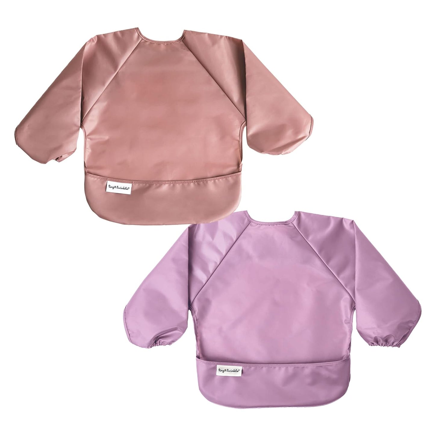 Tiny Twinkle Mess Proof Baby Bibs, 2pk Waterproof Smock Baby Bibs for Eating, Machine Washable Long Sleeve Bibs, Baby Led Weaning, Toddler Bibs, BLW Supplies (Taupe Lilac, Large 2-4 Years)