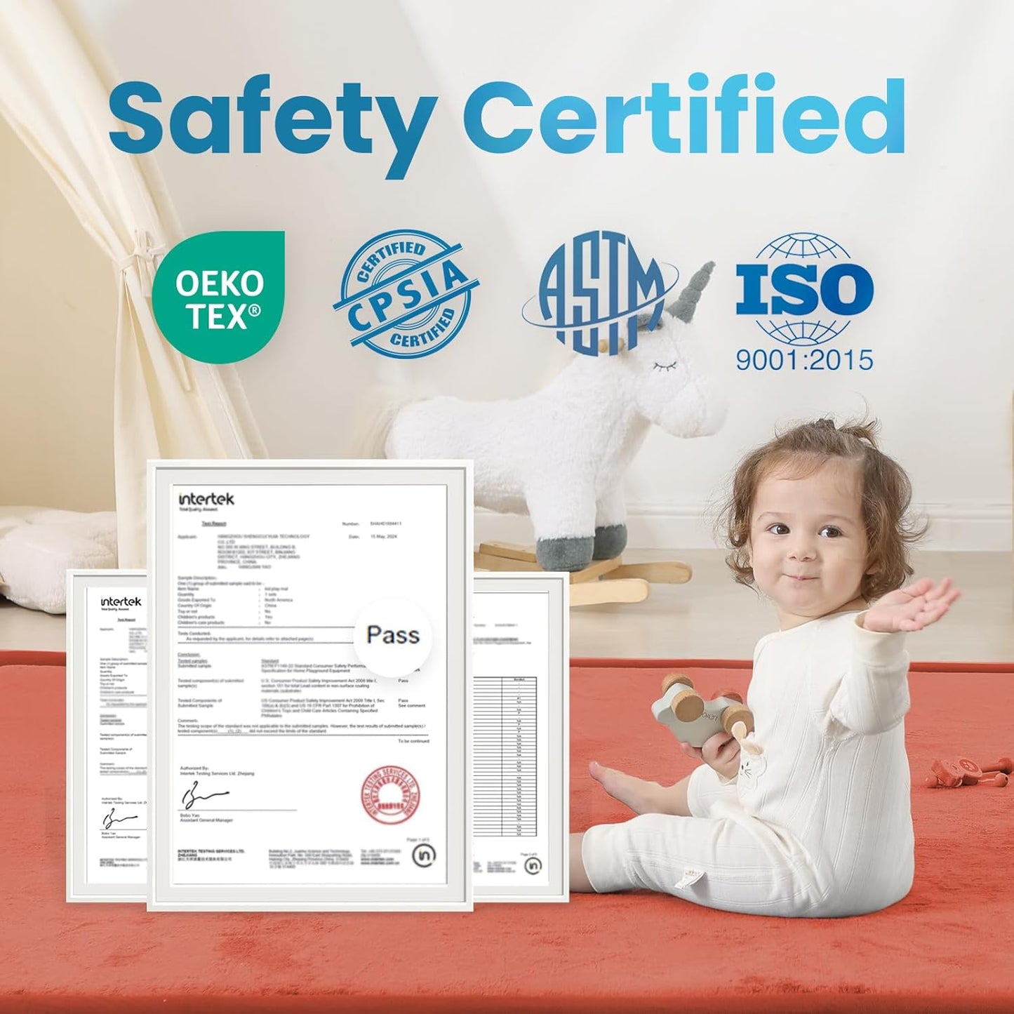 1.3" Thick Baby Play Mat,Ultra Soft Elasti-Foam 50×50 Playpen Mat for Tummy Time,Water-Repellent Coral Fleece Nursery Rug for Infants,Toddlers,Kids,Non-Slip Safe for Crawling(Brick)