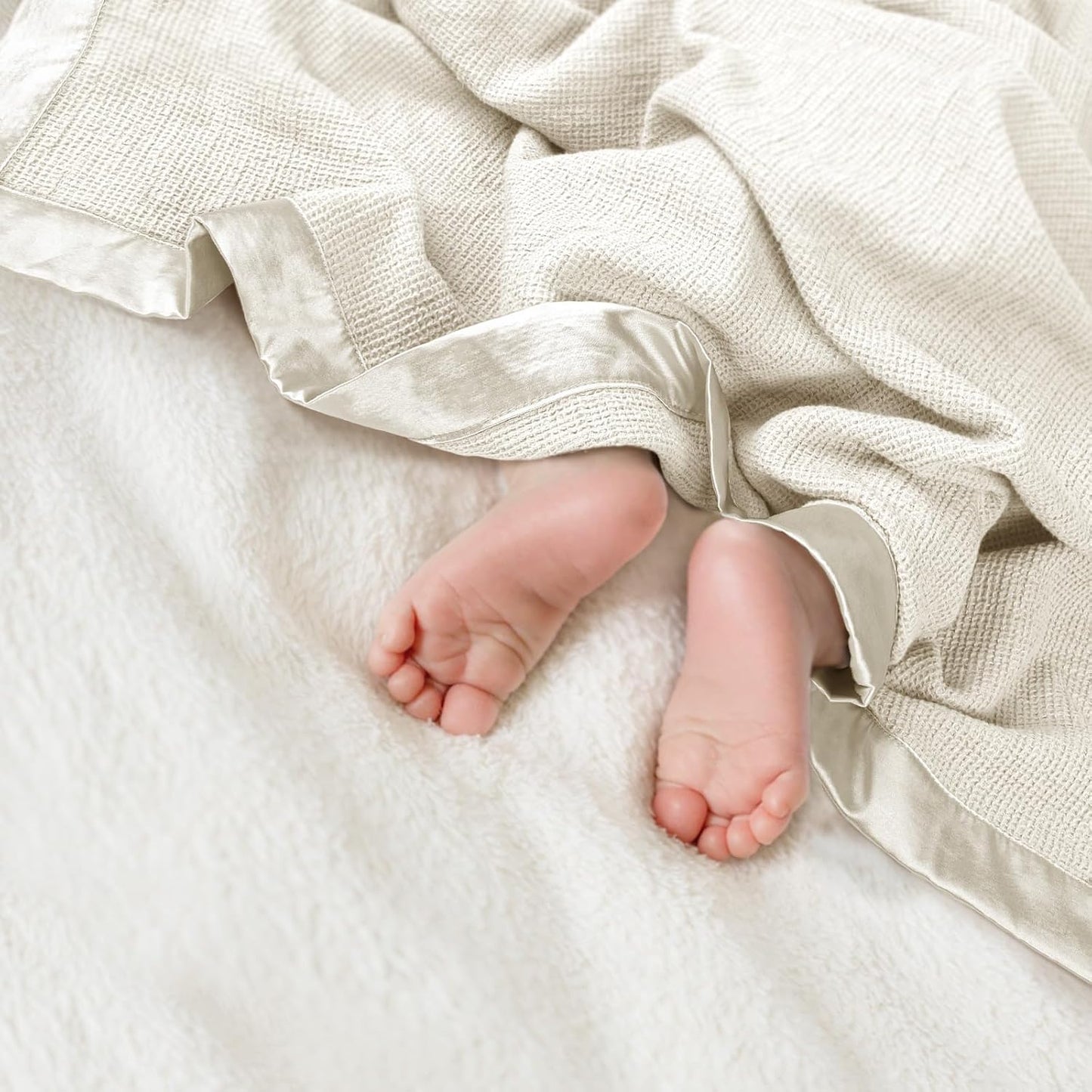 lulumoon Swaddle Baby Blanket: Waffle Blanket with Satin Trim - Breathable Toddler Blankets Perfect for Nursing Cover and Playtime - Cotton Crib Quilt for Daytime Naps 40"x36"(Cream)