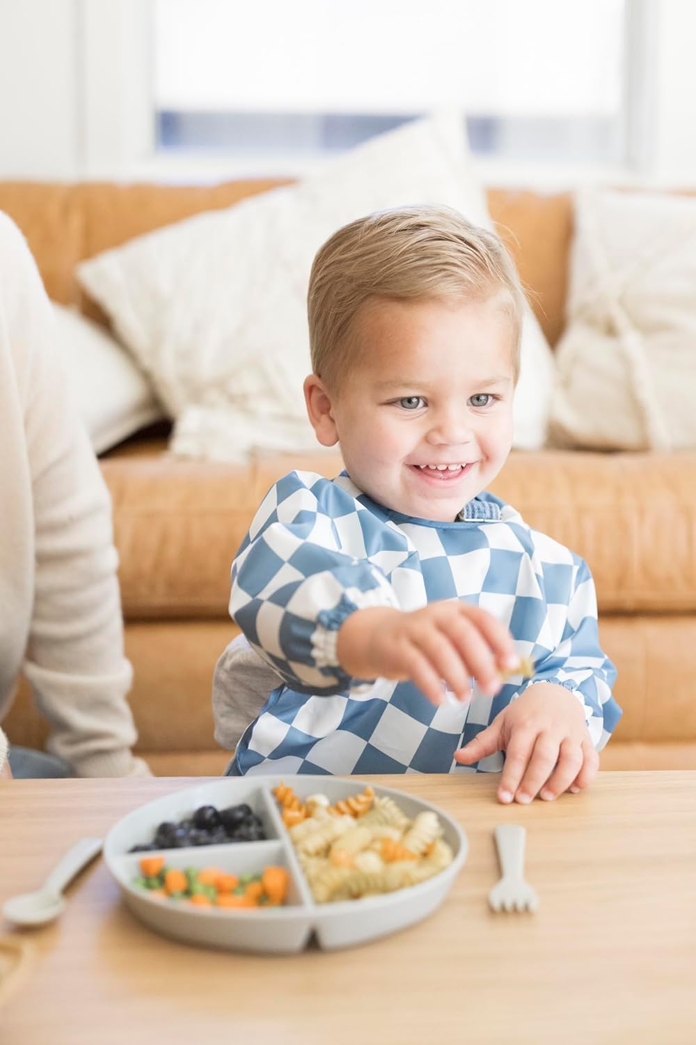 Tiny Twinkle Mess Proof Baby Bib,Waterproof Smock Baby Bib for Eating,Machine Washable Long Sleeve Bib,Baby Led Weaning,Toddler Bib (Checkers Blue, Small 6-24 Months)