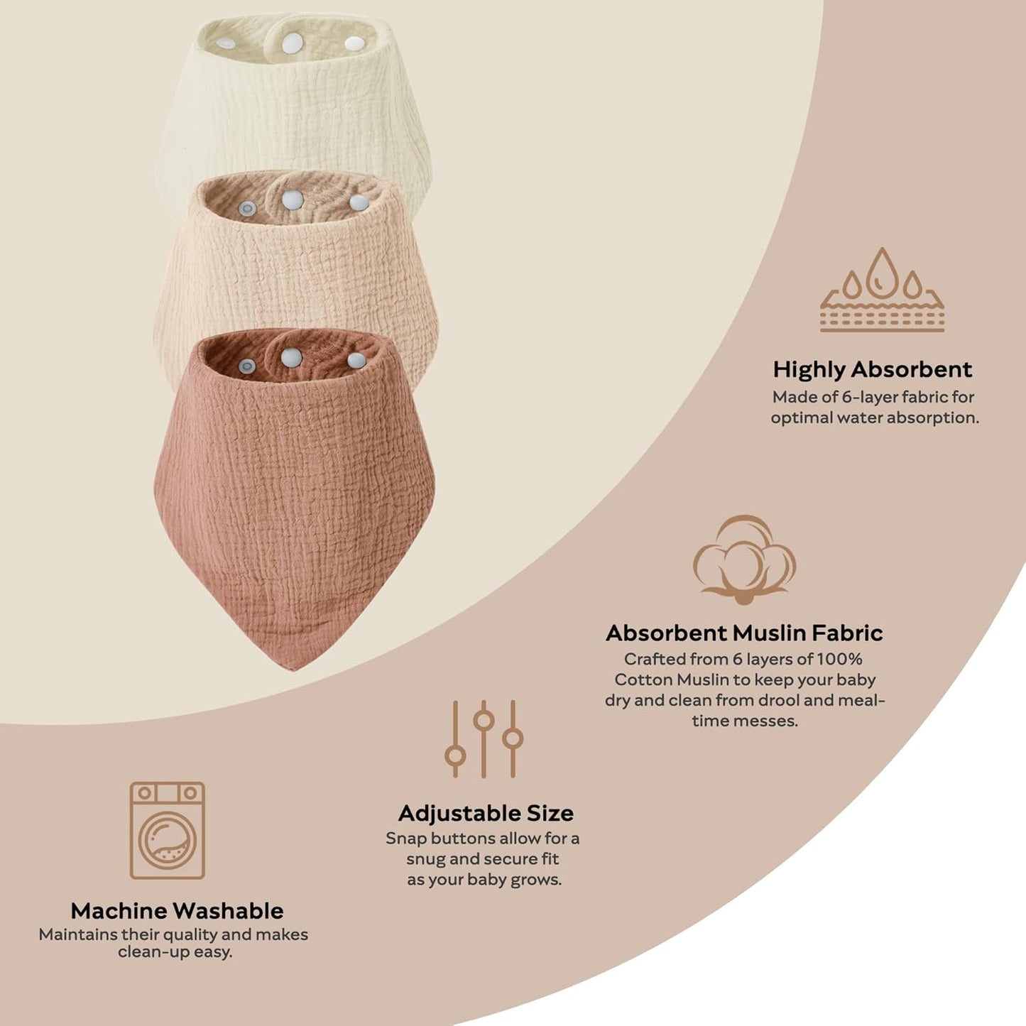 JELLYMONI 10 Pack Muslin Drool Bibs for Babies - Soft Adjustable Bandana Bib with Snaps, Absorbent Unisex Teething Bib for Newborn Girls & Boys