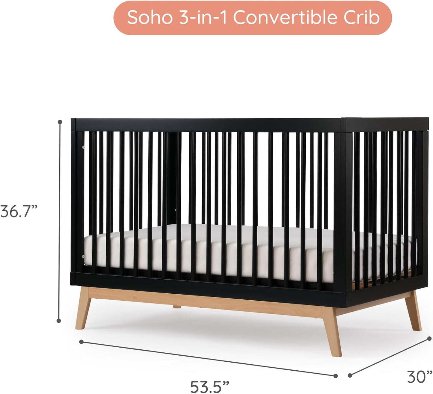 dadada Baby Soho 3-in-1 Convertible Wooden Crib to Toddler Bed - Made in Italy, GREENGUARD Gold Certified, Baby-Safe Finish, Sustainable Beech Wood, Modern Design, 3 Adjustable Heights (Black/Natural)