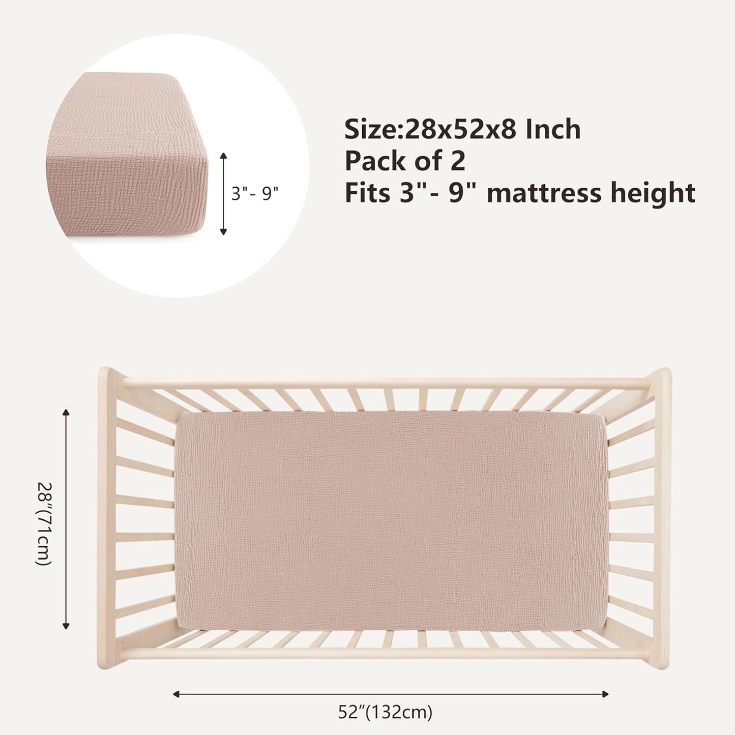 Bearmoss Muslin Crib Sheets - 100% Cotton Baby Crib Sheets Fitted for Standard Crib Mattress & Toddler Bed Mattress 52"x28" Soft Breathable Crib Sheet Neutral for Boys Girls - 2 Pack (Pink Star)