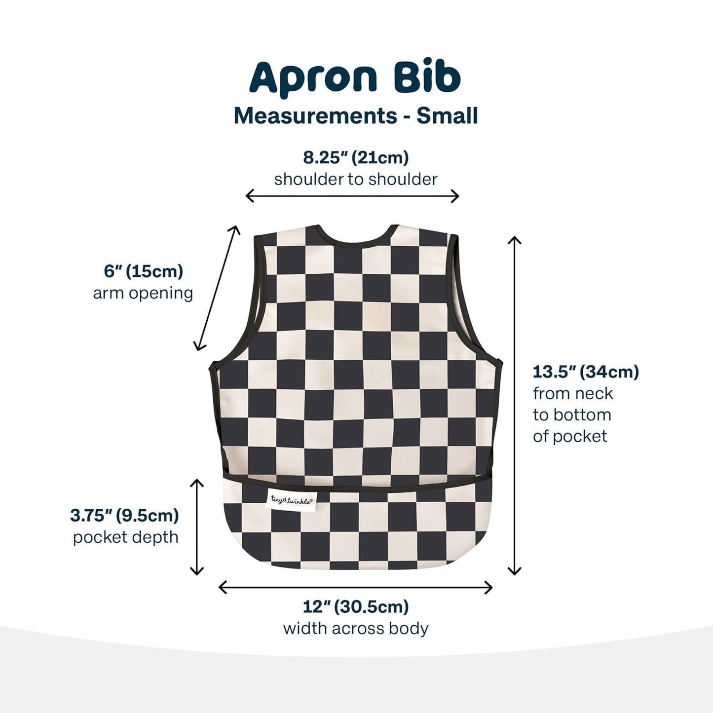 Tiny Twinkle Mess Proof Baby Bib - Waterproof & Lightweight Baby-Led Weaning Apron | 100% Recycled Polyester, Easy Clean & Machine Washable (Black Checkers, Small 6-24 Months)