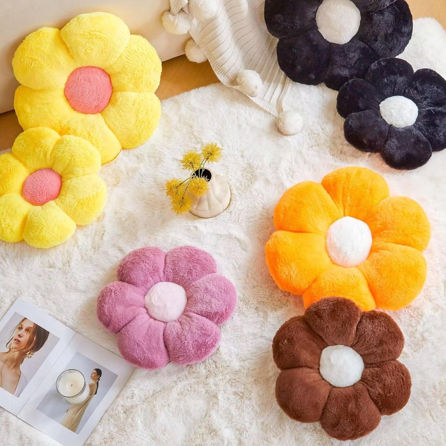 Yellow Flower Pillow, 17.7" Flower Shaped Plush Decorative Throw Pillow for Bed