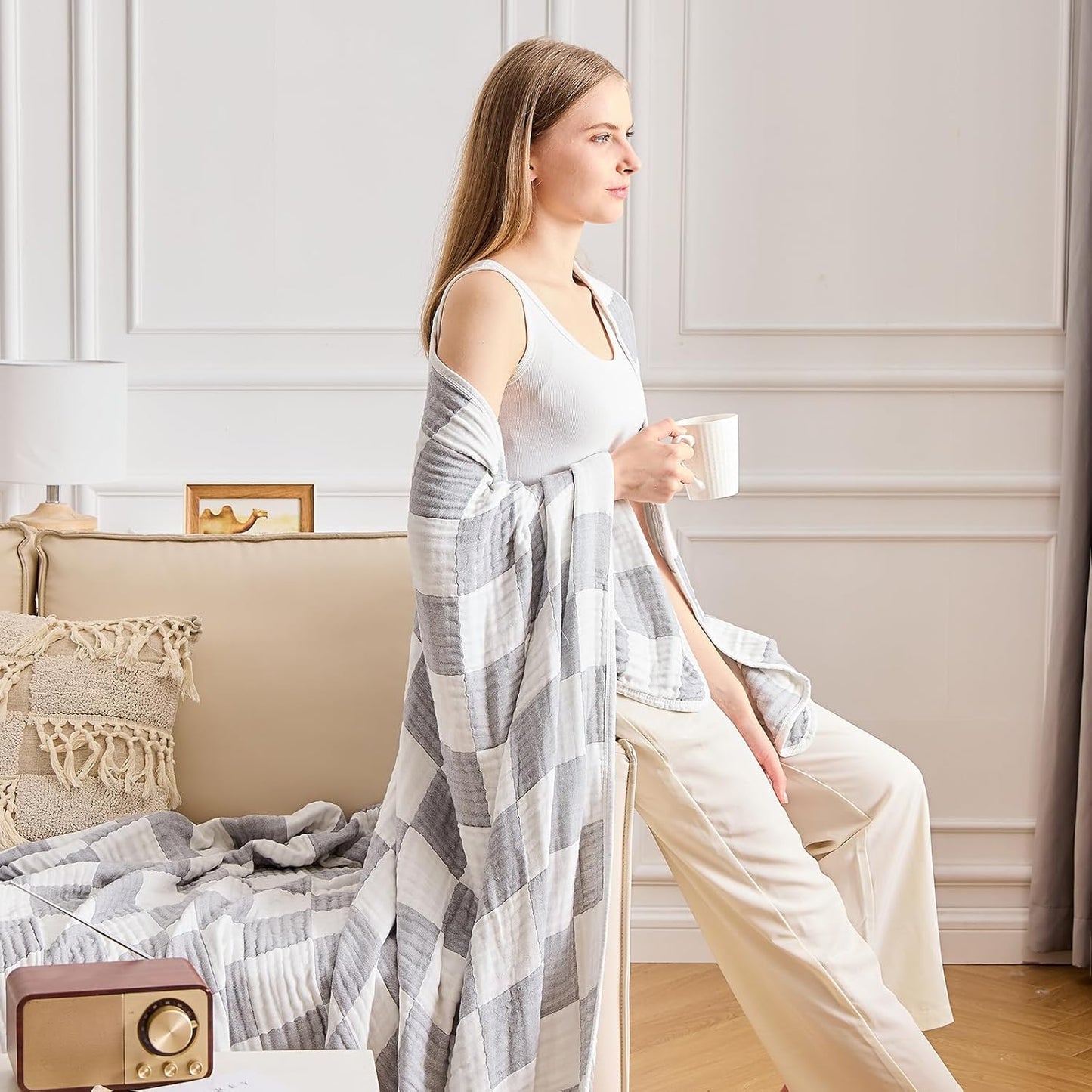 EMME Checkered Cotton Queen Size Bed Blanket, 80"x90", Lightweight Breathable Cooling All Season Gauze, Light Grey