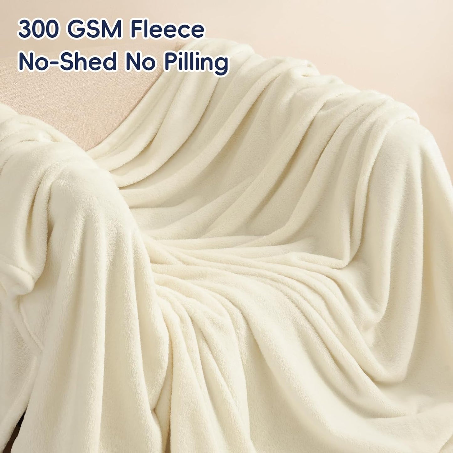 PHF Ultra Soft Fleece Blanket Queen Size, No Shed No Pilling Luxury Plush Cozy 300GSM Lightweight Blanket for Bed, Couch, Chair, Sofa Suitable for All Season, 90" x 90", Cream