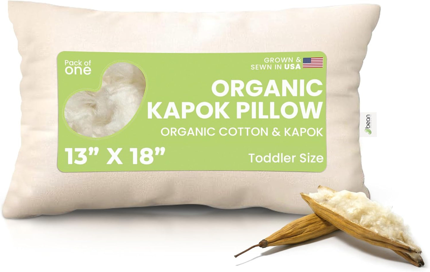 Bean Products Kapok 13" x 18" Toddler Pillow - Breathable, Eco-Friendly and Durable Organic Cotton Fabric Bed Pillow - Soft and Supportive Pillow for Sleeping, Made in The USA