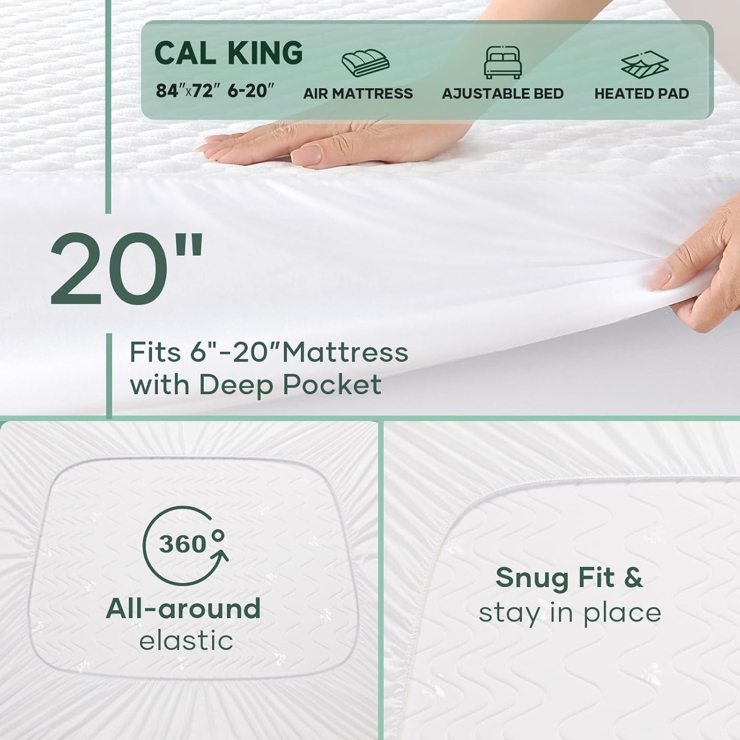 OhGeni 100% Waterproof Mattress Protector, California King Size Mattress Pad, Fits 6"-20" Mattresses with Deep Pocket, Cooling, Breathable Fitted Sheets, Soft Bed Cover, Noiseless, Machine Washable