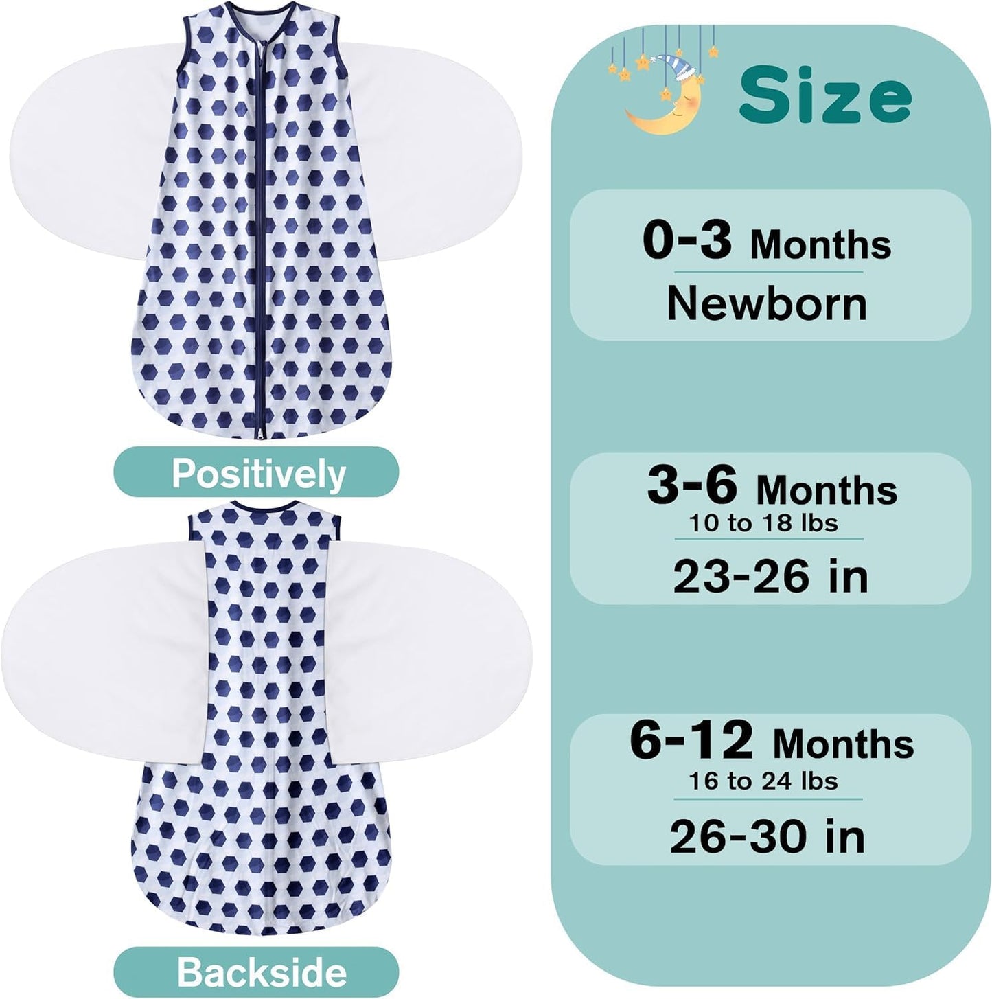 Newborn Sleep Sack Baby Swaddle,3-Way Adjustable Wearable Blanket,100% Rayon Cotton Swaddling Sleeping Bag，TOG 0.5 (Soccer & Triangles, 6-12 Months)
