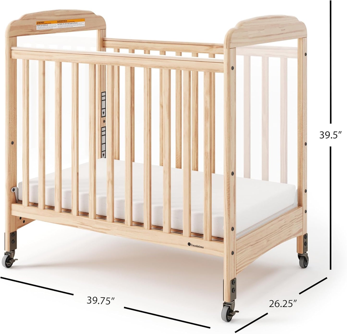 Foundations Serenity Compact Clearview Daycare Crib, Fixed Side, Durable Wood Construction, Adjustable Mattress Board, Clear End Panels. Includes 3” InfaPure Foam Mattress (Natural)