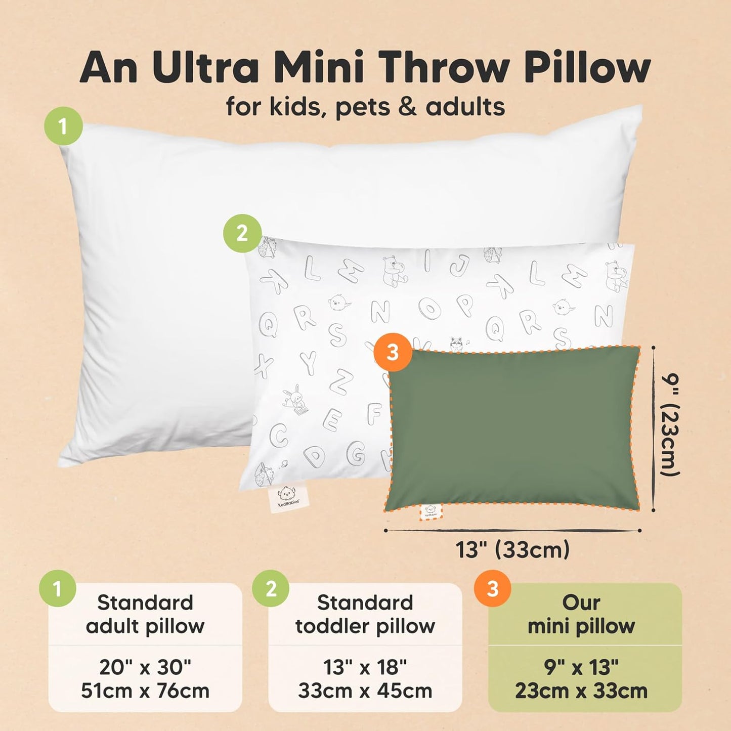 Mini Toddler Pillow with Pillowcase - 9x13 My Little Dreamy Travel Kids Pillow for Sleeping, Toddler Bed, Small, Tiny, Organic Cotton Pillowcase, Soft & Breathable, Kids 2-4 Years Old (Jungle Green)