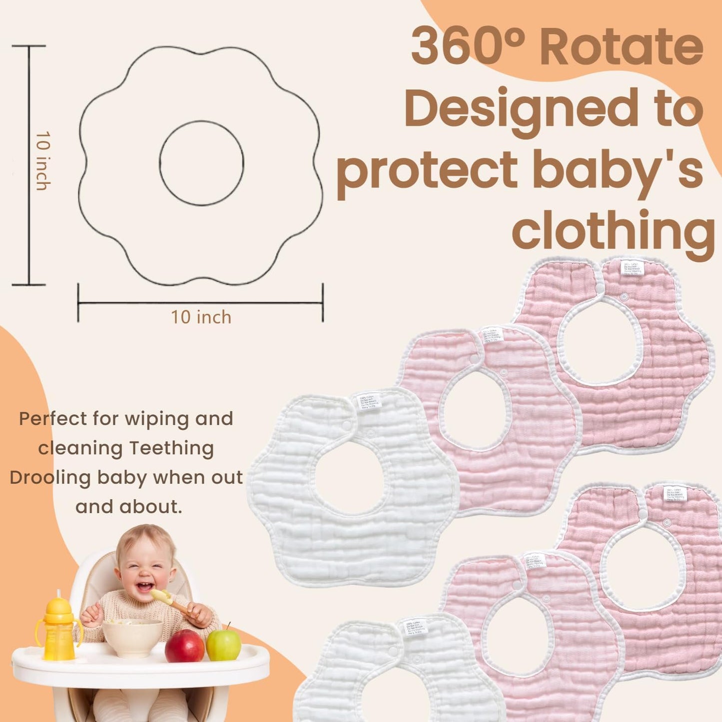 MUKIN Baby Drooling Towel, Snap Bibs, Muslin Bibs, 6 Pack, Adjustable, Soft Cotton