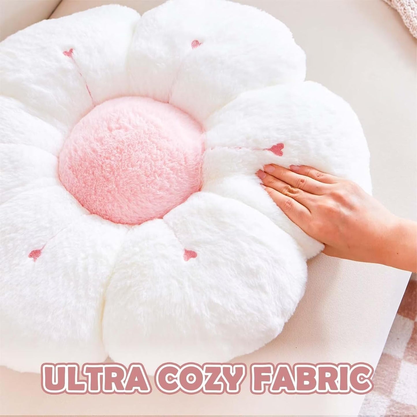 Flower Pillow, Cute Flower Shaped Decorative Pillow, Soft Rabbit Fur Daisy Pillow Home Decor Floor Seating Cushion for Bedroom Living Room (Pink 19.6 Inch)