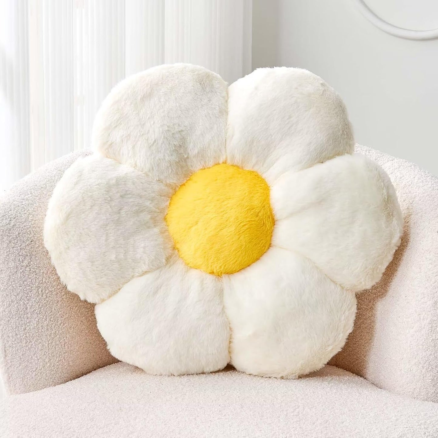 White Flower Pillow, 17.7" Flower Shaped Plush Decorative Throw Pillow for Bed
