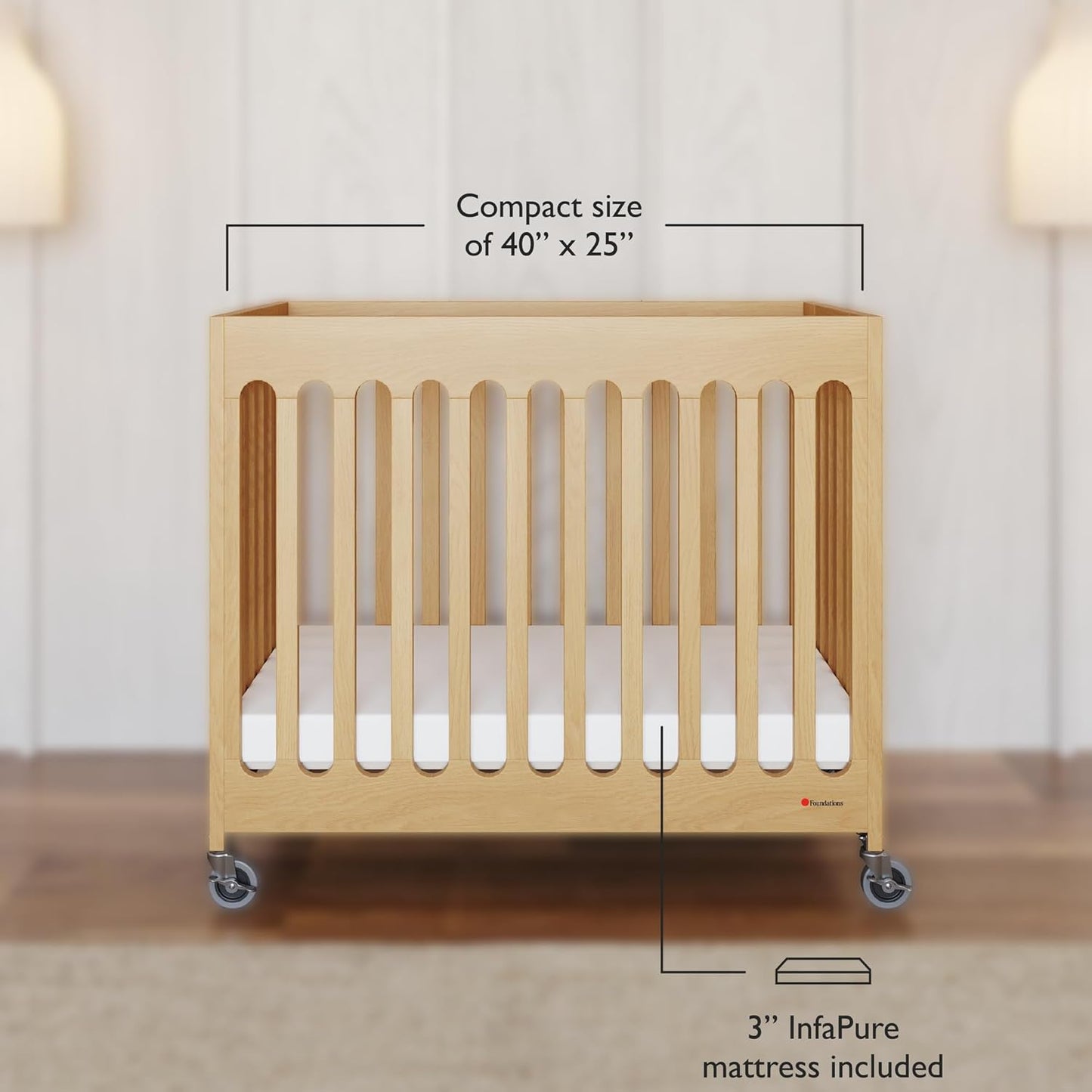 Foundations Boutique Folding Mini Baby Crib - Compact, Portable, Wooden Hotel Crib, Foldable Mini Cribs for Baby & Toddlers - Includes 3" Foam Mattress - Natural