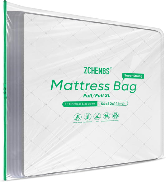 ZCHENBS® – Mattress Bags for Moving and Storage,Mattress Bag with Zippers,5 Mil Ultra-Thick Bed Bag,Waterproof,Anti-Tear,Heavy-Duty Mattress bag (Tansparent/Green, Full/Full XL-(1 Pack))