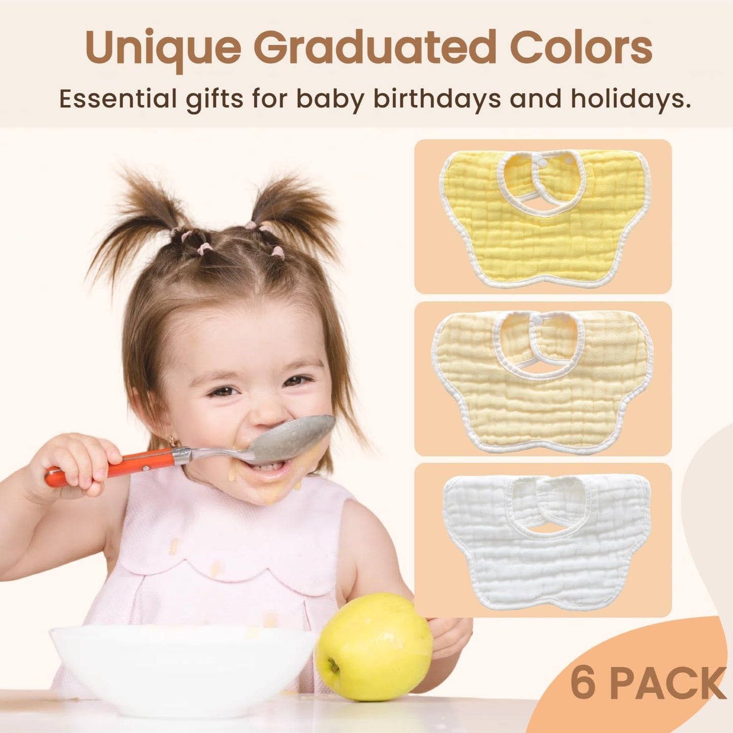 MUKIN Baby Drooling Towel, Snap Bibs, Muslin Bibs, 6 Pack, Adjustable, Soft Cotton