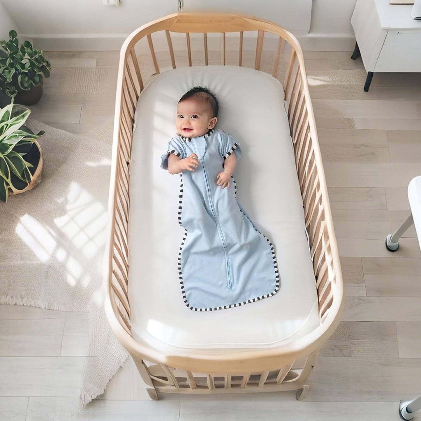 Transition Swaddle, 2 Pack 100% Cotton Baby Sleep Sack, 2-Way Zipper Infant Arm Up Swaddle for Newborn Baby Boys Girls (Blue + Green, L(6-9 Months))