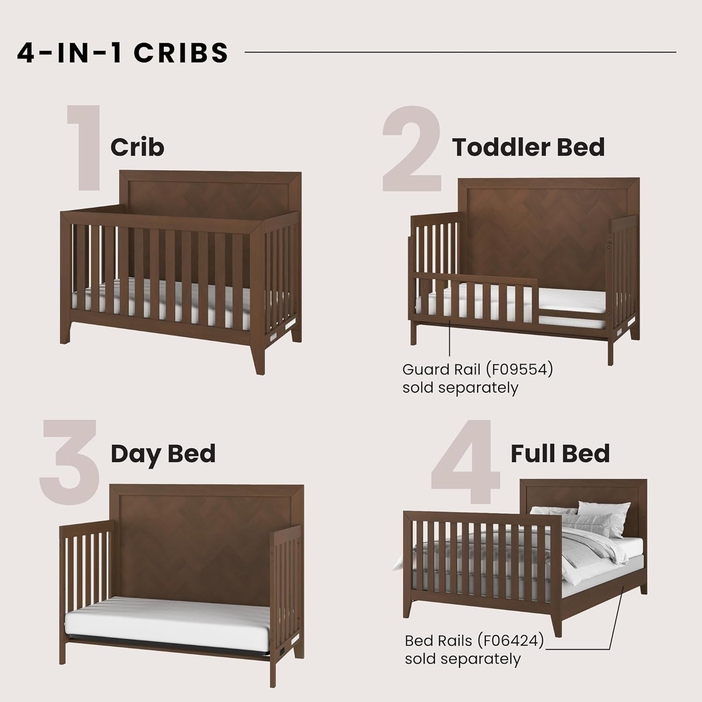 Child Craft Kieran 4-in-1 Convertible Crib, Baby Crib Converts to Day Bed, Toddler Bed and Full Size Bed, 3 Adjustable Mattress Positions, Non-Toxic, Baby Safe Finish (Toasted Chestnut)