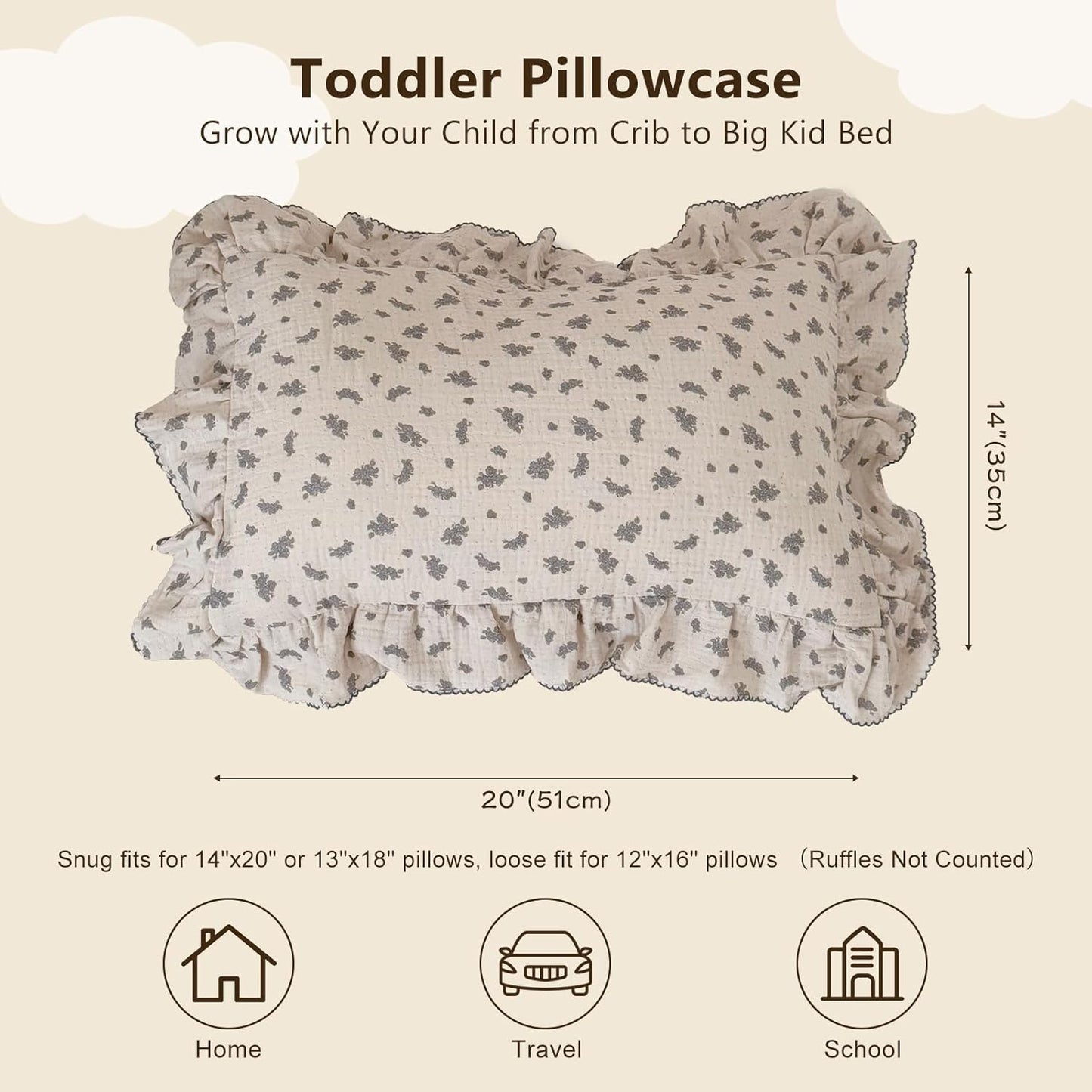 BuLuTu Blue Orchid Flower with Dots Design Toddler Pillow Case Crib Size, 14"x20", 1 pc, Muslin Cotton Pillow Covers for Girls Boys Machine Washable Pillowcase Nursery Decor, Durable