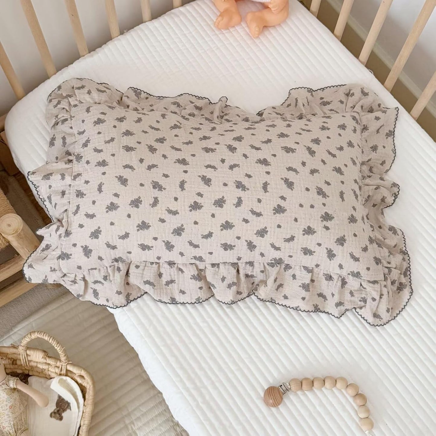 BuLuTu Blue Orchid Flower with Dots Design Toddler Pillow Case Crib Size, 14"x20", 1 pc, Muslin Cotton Pillow Covers for Girls Boys Machine Washable Pillowcase Nursery Decor, Durable