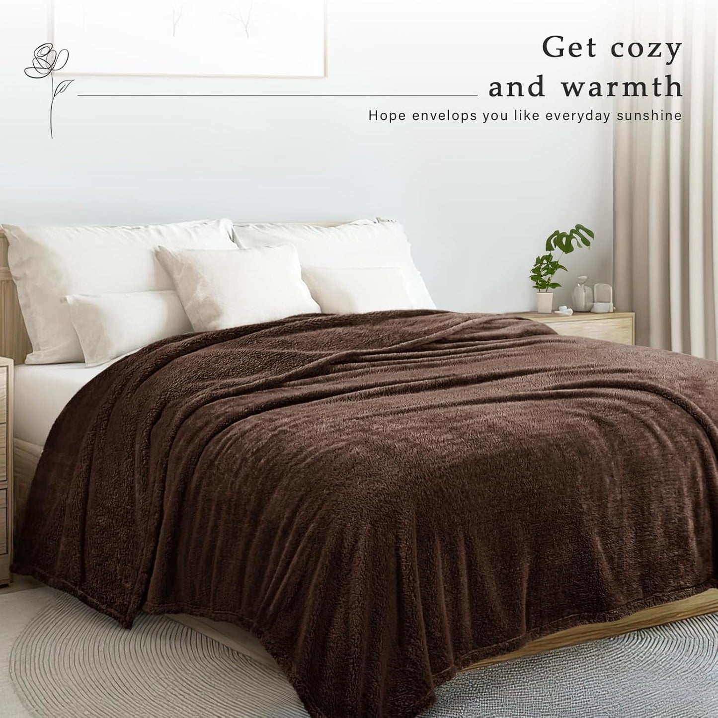 Exclusivo Mezcla Queen Size Flannel Fleece Blanket, Super Soft Velvet Plush Bed Blanket, Fuzzy Cozy and Warm for All Seasons, 90x90 Inches, Coffee